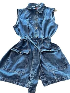 Vintage 90’s Venezia Belted Denim Mini Dress Utility Safari Vest Sz 14/16
